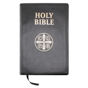 A leather-bound Douay-Rheims Bible with gold foiling on the cover and the word 'Holy Bible' printed in gold letters. It features a dark brown cover with a cross symbol in gold.
