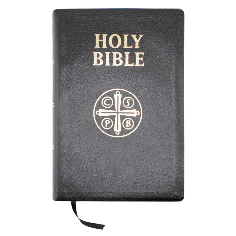 A leather-bound Douay-Rheims Bible with gold foiling on the cover and the word 'Holy Bible' printed in gold letters. It features a dark brown cover with a cross symbol in gold.