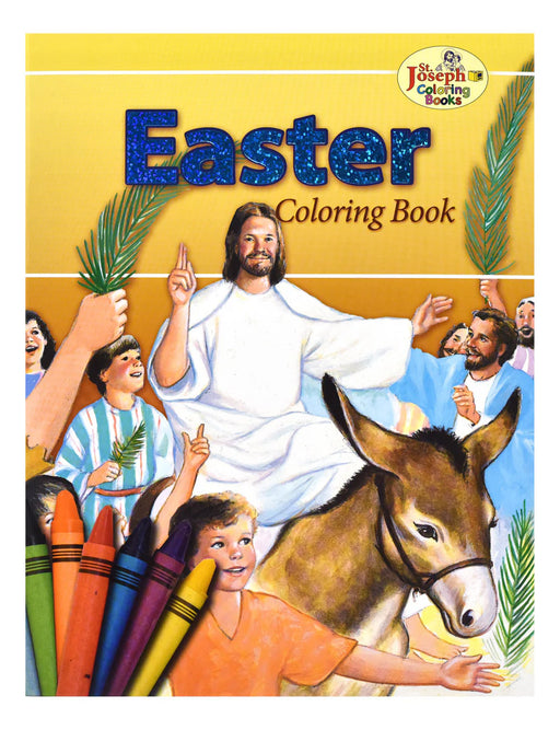 Yellow Easter coloring book featuring a picture of Jesus with children.