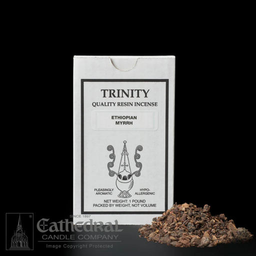 Trinity quality resin incense packaging with incense on a black background