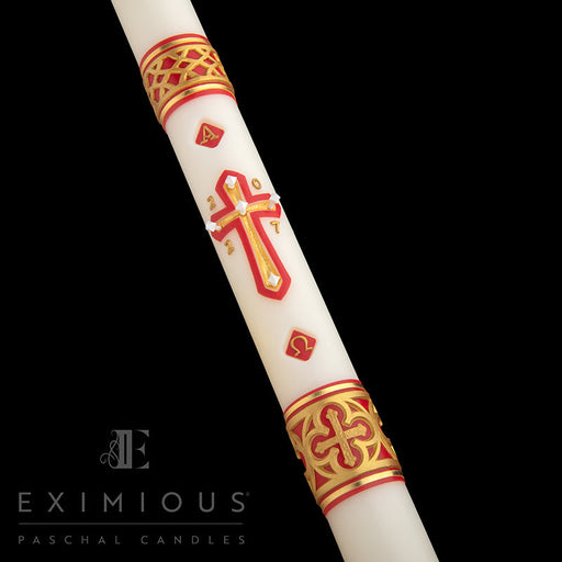 Cathedral Exalted Eximious Paschal candle close-up with gold cross and red wax decoration