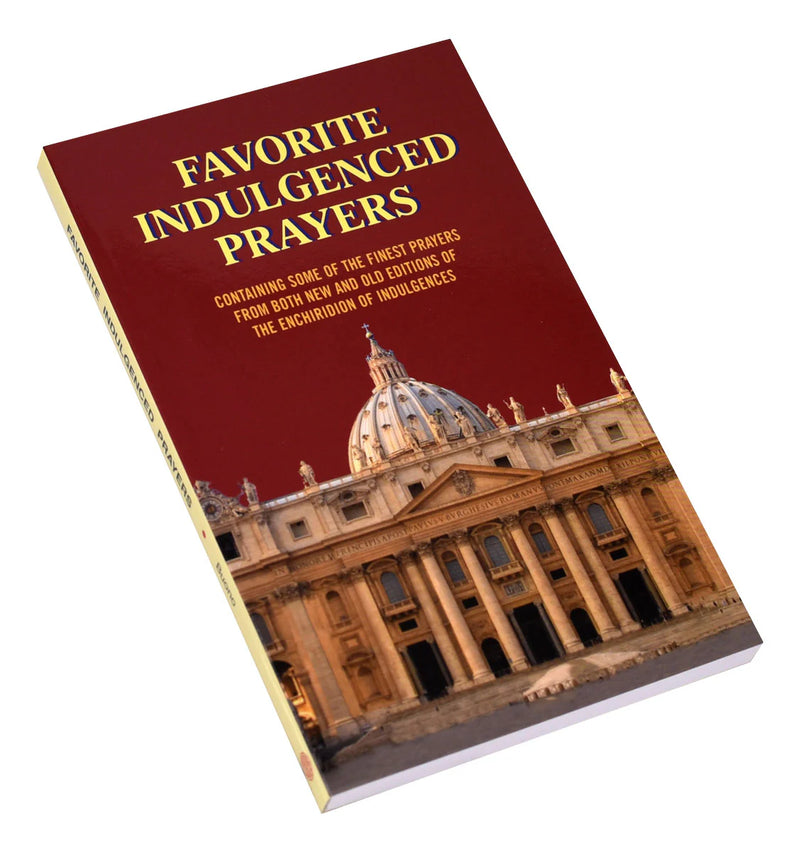 Book titled 'Favorite Indulgenced Prayers' with a cathedral image on the cover