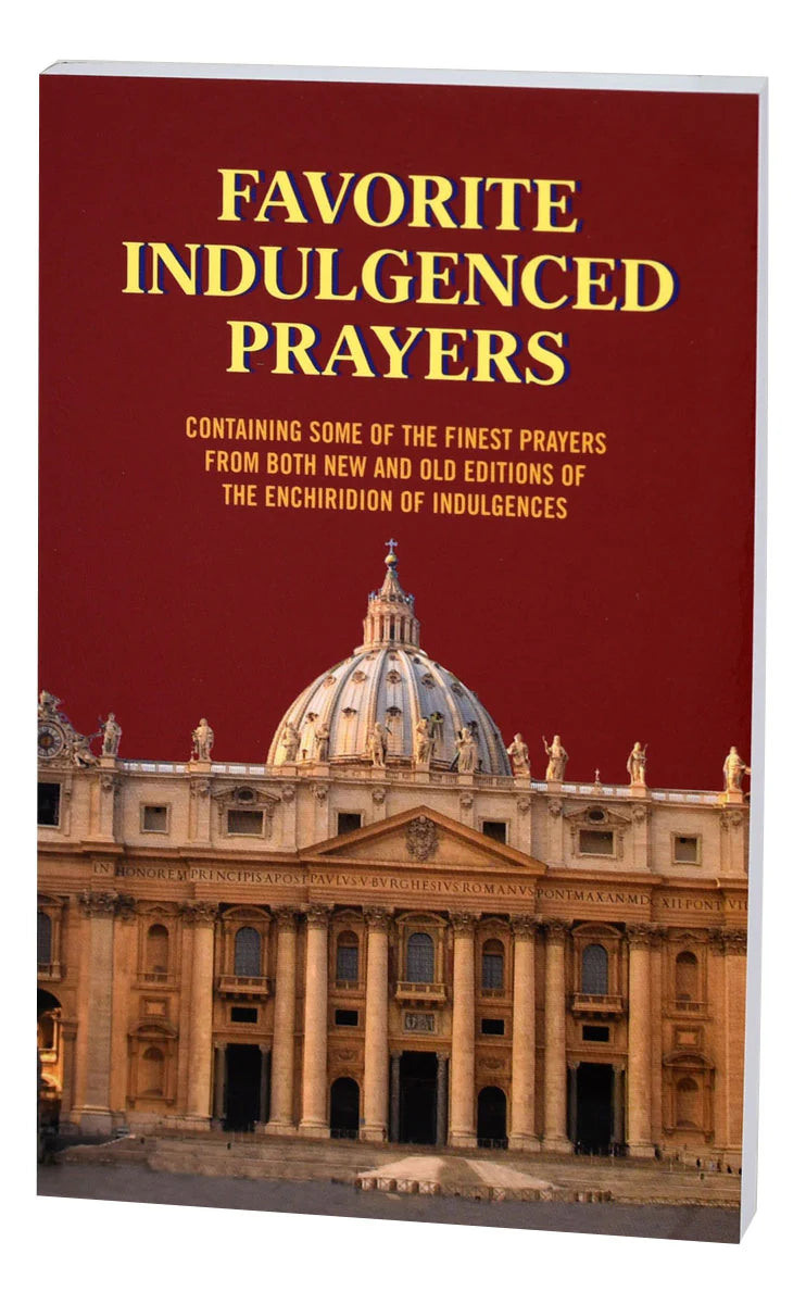 Book titled 'Favorite Indulged Prayers' with a cathedral image on the cover