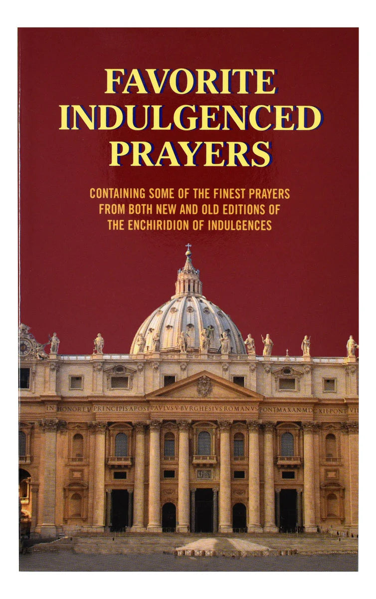 Book cover of 'Favorite Indulged Prayers' with a cathedral image on a red background