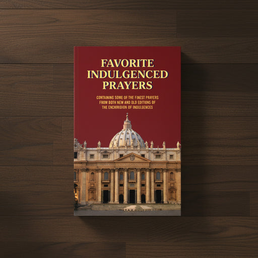 Book titled 'Favorite Indulged Prayers' with a cathedral image on a wooden background