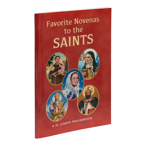 Red book titled 'Favorite Novenas to the Saints' with images of saints on the cover.