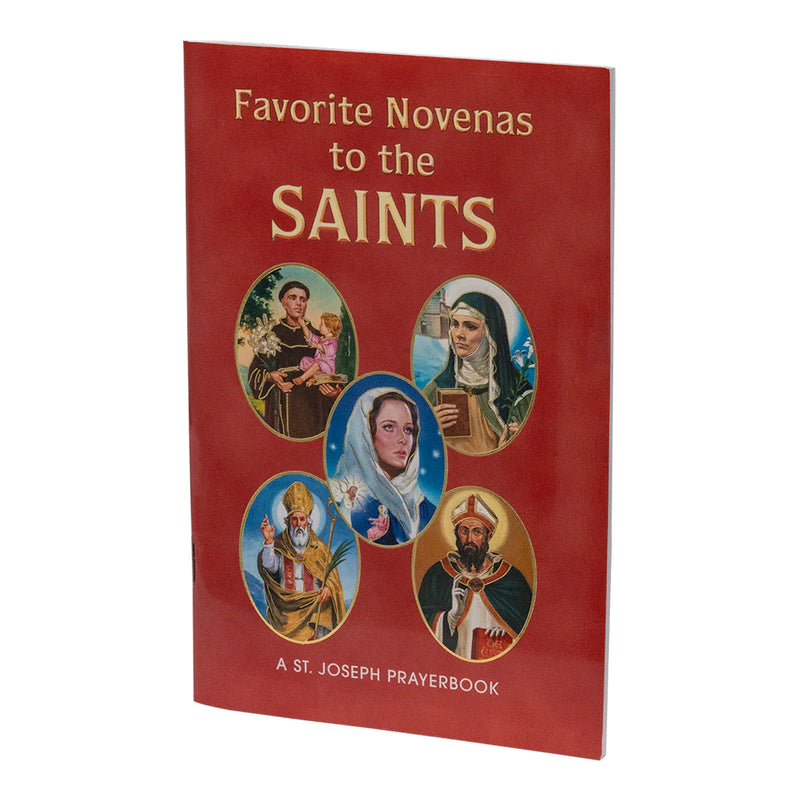 Red prayerbook titled 'Favorite Novenas to the Saints' with images of saints on a white background