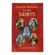 Red prayerbook titled 'Favorite Novenas to the Saints' with images of saints on the cover.