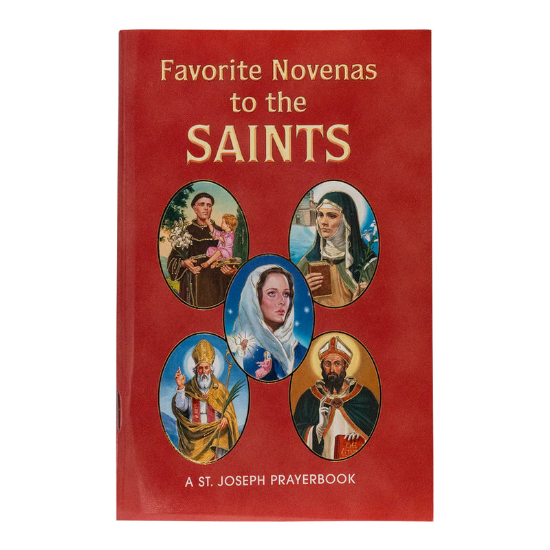 Red prayerbook titled 'Favorite Novenas to the Saints' with images of saints on the cover.
