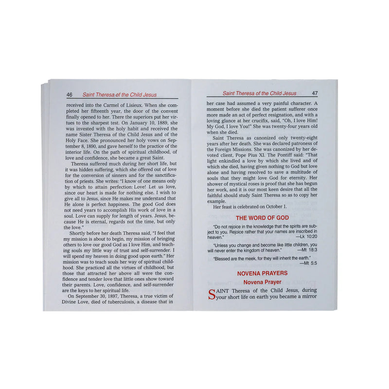Book page with text about Saint Therese of the Child Jesus on a white background