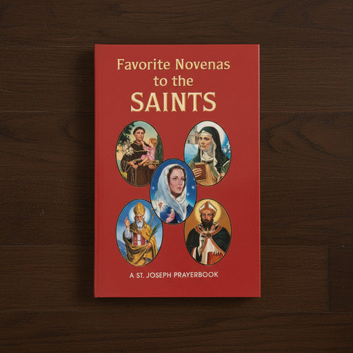 Red prayerbook titled 'Favorite Novenas to the Saints' with images of saints on a wooden surface