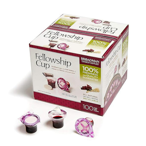 Box of Fellowship Cup with three individual cups displayed in front on a white background