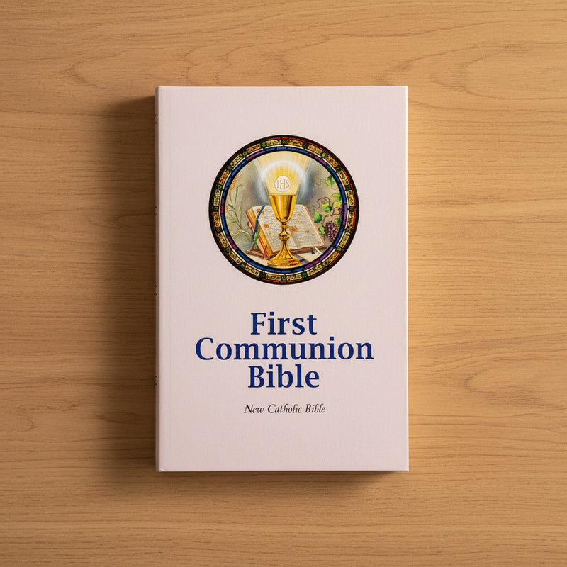 First Communion Bible on a wooden surface