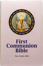First Communion Bible with a chalice and book illustration on a pink background
