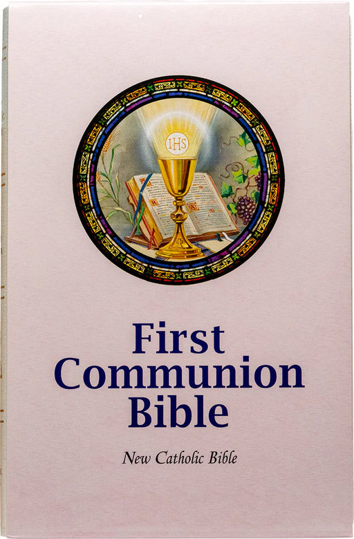 First Communion Bible with a chalice and book illustration on a pink background