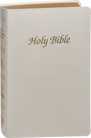 White Bible with 'Holy Bible' embossed on the cover