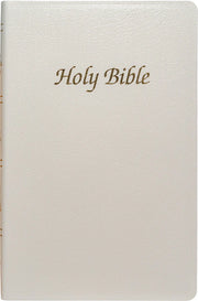 White Bible with 'Holy Bible' embossed in gold on a white background