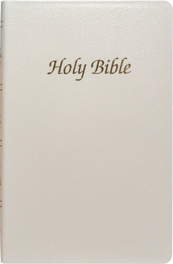 White Bible with 'Holy Bible' embossed in gold on a white background