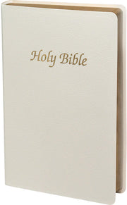 White Bible with 'Holy Bible' embossed on the cover against a white background