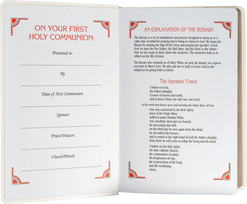 Open book with religious text and forms on a white background