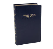 Navy blue Bible with 'Holy Bible' in gold on a white background