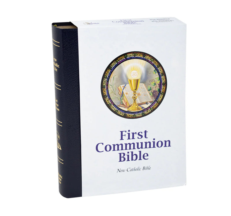 First Communion Bible with a navy cover on a white background