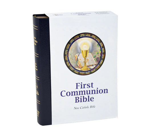 First Communion Bible with a navy cover on a white background