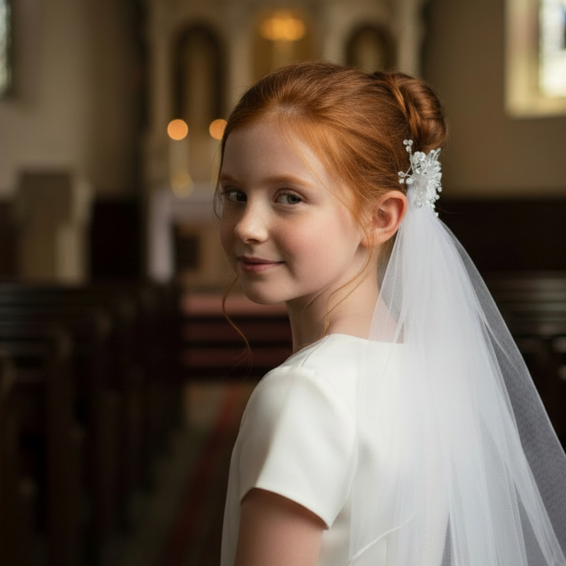 Young girl smiling over her shoulder in a jeweled comb First Communion veil