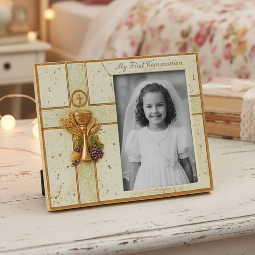 First Communion gift 3.5 x 5 inch photo frame featuring a decorative gold chalice design, with a photo of a little girl, held by a hand on a wooden desk.