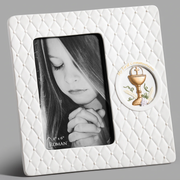 White porcelain First Communion picture frame with a gold-painted chalice emblem for a 4x6 inch photo.