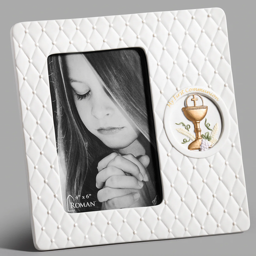 White porcelain First Communion picture frame with a gold-painted chalice emblem for a 4x6 inch photo.