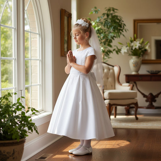 Young girl in a white Communion dress standing in a sunlit room with plants and furniture.