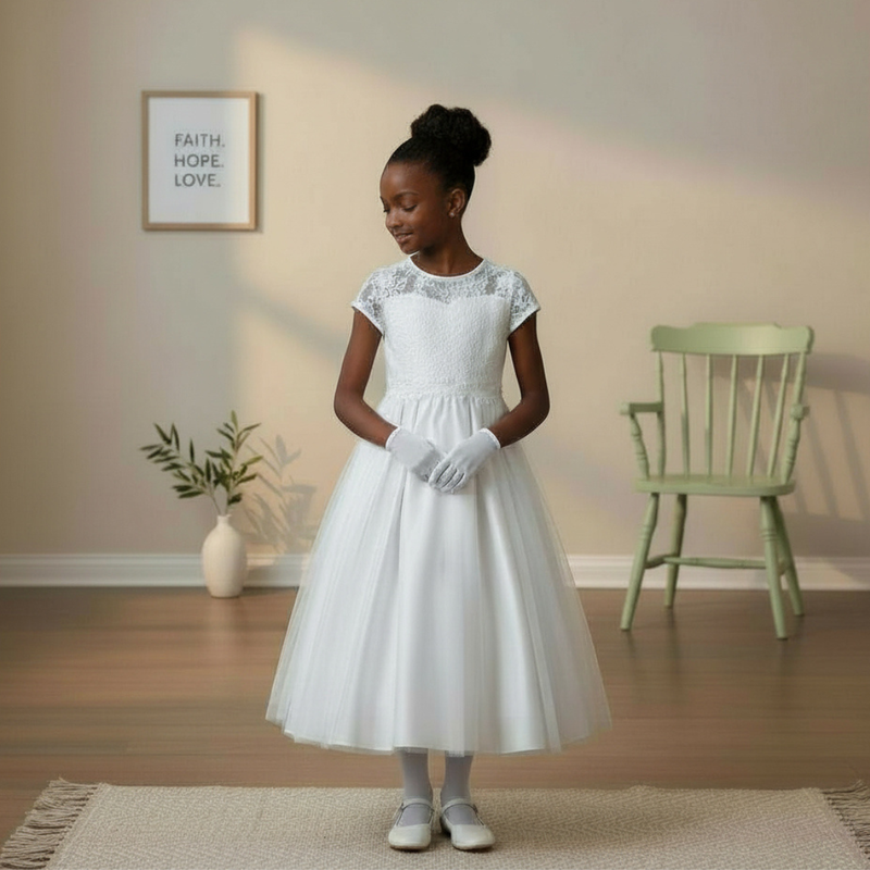 A young girl standing in a minimalist room wearing a white lace First Communion dress with a sweetheart neckline.