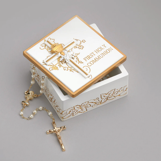 Decorative First Holy Communion keepsake box on a gray background