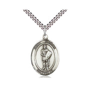 Silver pendant with chain on a white background
