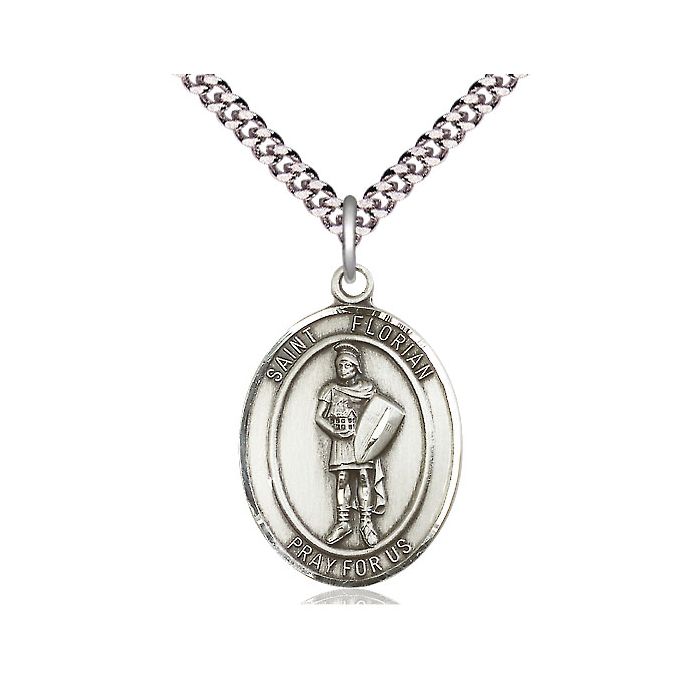 Silver pendant with chain on a white background