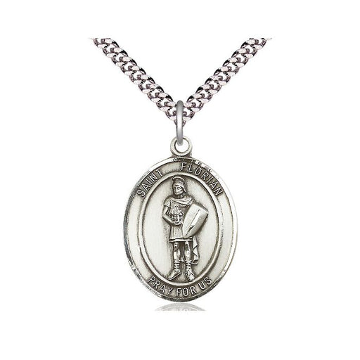 Silver pendant with chain on a white background