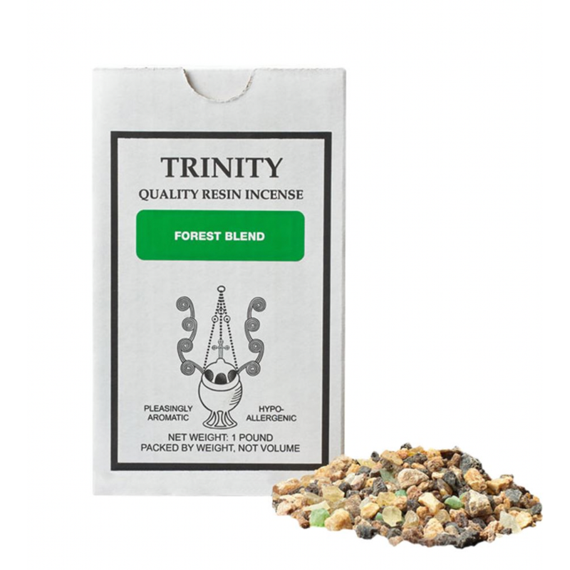 Trinity Quality Resin Incense packaging with incense grains on a white background