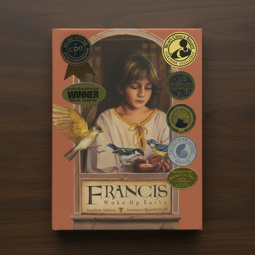 Brown book entitled "Francis Woke Up Early" on a dark wood surface