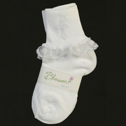 White baby sock with lace trim and 'Blossom' label on a black background