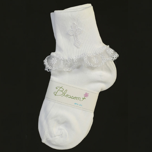 White baby sock with lace trim and 'Blossom' label on a black background