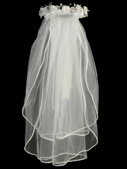 Full length white communion veil with corded flowers, pearls, and rhinestones, featuring a satin bow at the back.