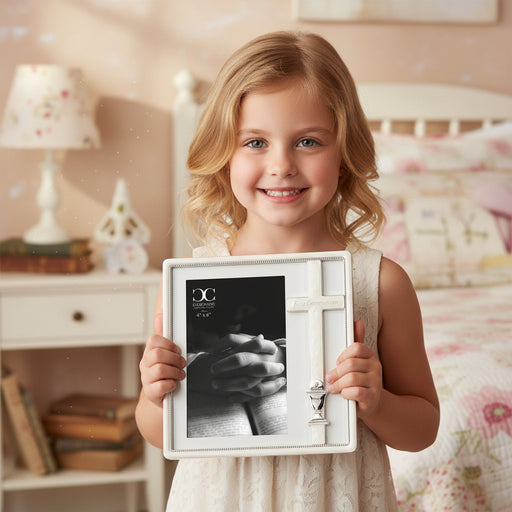 Little girl holding a First Communion picture frame for a 4x6 inch size photo, smiling.