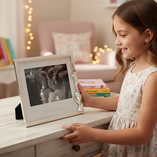 Young girl standing by  white and silver First Communion picture frame for a 4x6 inch size photo.