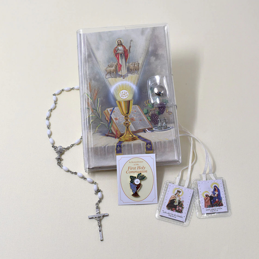 A child's first Mass book, with a rosary and prayer cards on a white background