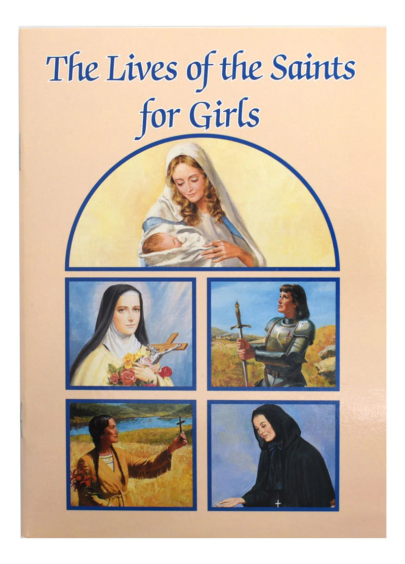 Book cover titled 'The Lives of the Saints for Girls' with illustrations of female saints.