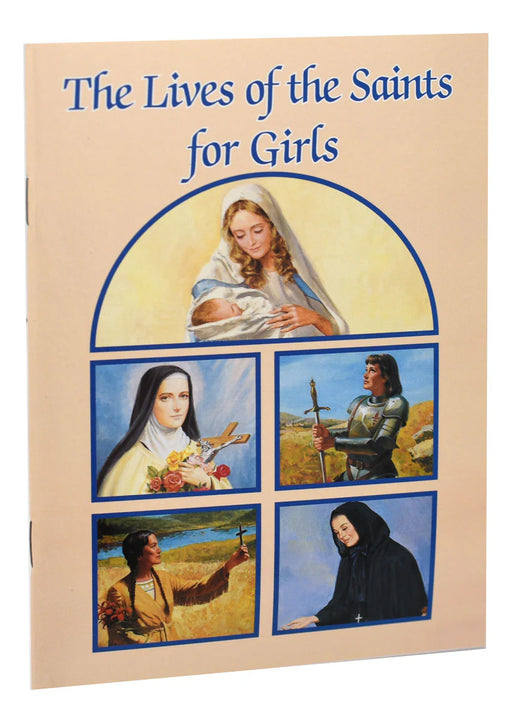 Book cover titled 'The Lives of the Saints for Girls' with illustrations of female Catholic saints.