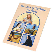 Book titled 'The Lives of the Saints for Girls' with illustrations of female saints on a beige background