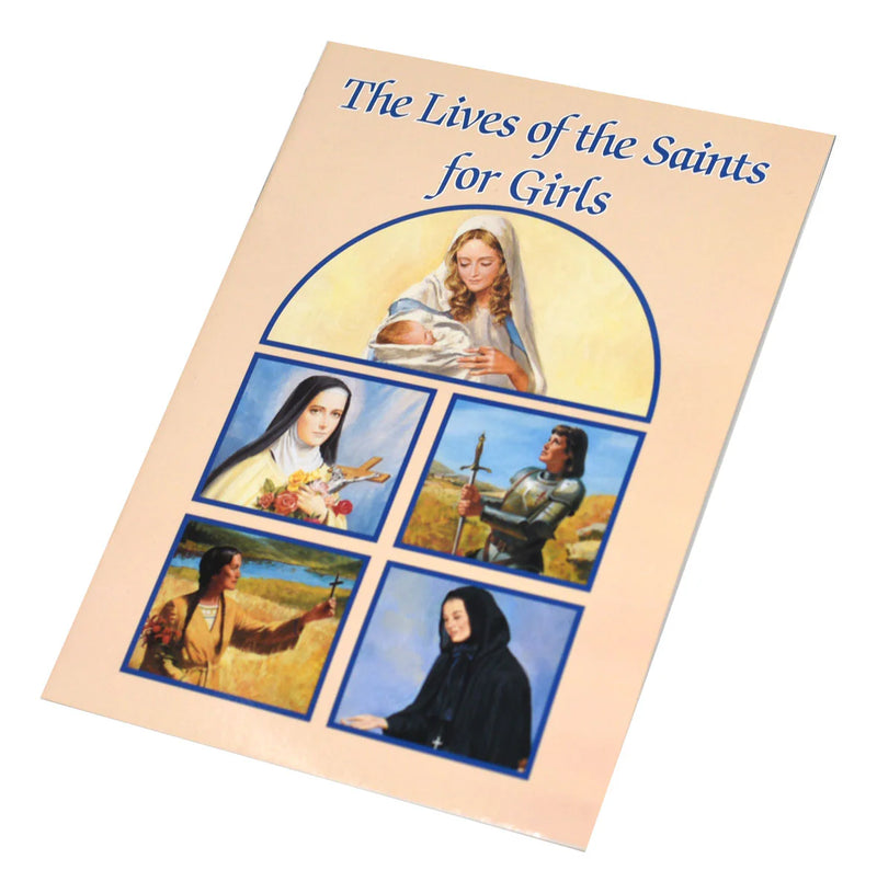 Book titled 'The Lives of the Saints for Girls' with illustrations of female saints on a beige background
