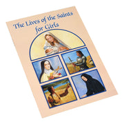 Book titled 'The Lives of the Saints for Girls' with illustrations on a beige background